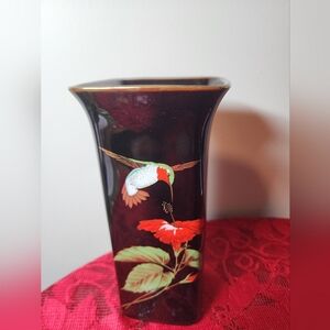 7.3" Otagiri Hummingbird Vase Diamond Black China Gold Trim Home Decor